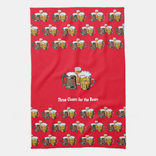 Custom Red THREE BEERS Tea Towel
