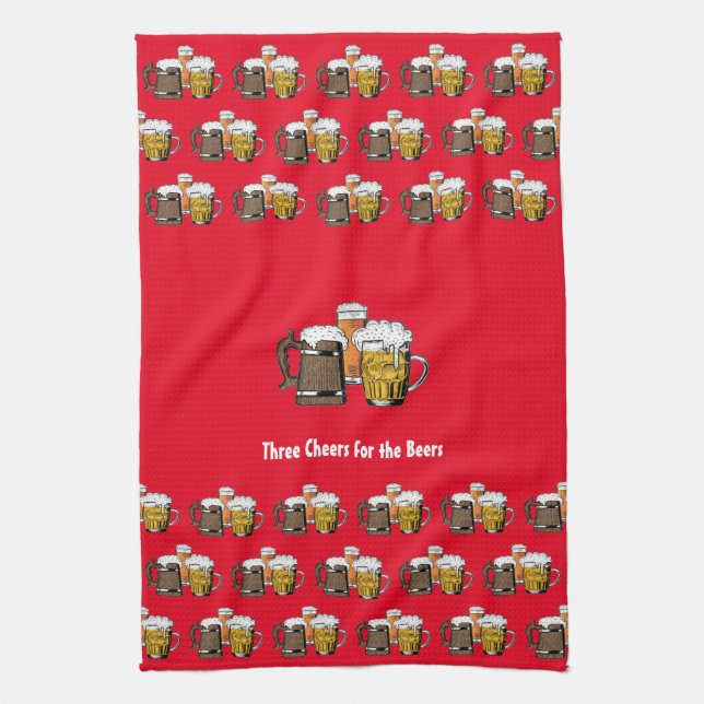 Custom Red THREE BEERS Tea Towel (Vertical)