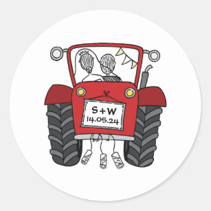 Custom Red Tractor Country Barn Rustic Wedding Classic Round Sticker
