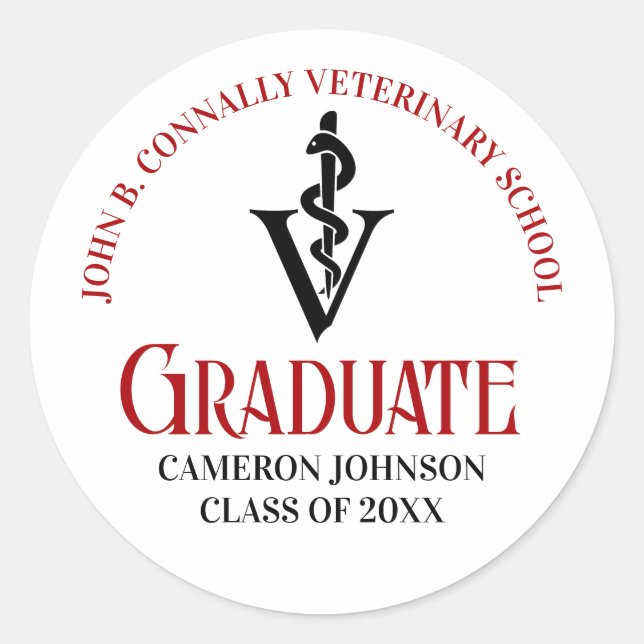 Custom Red Veterinary School Graduation Party Classic Round Sticker (Front)