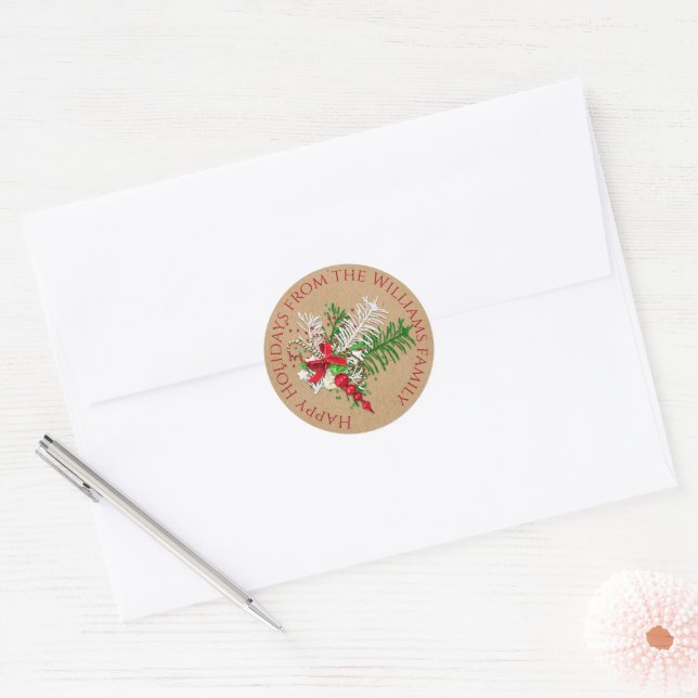 Custom Red White Candy Cane Green Foliage Wreath Classic Round Sticker (Envelope)
