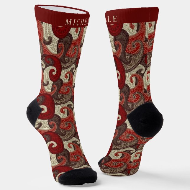 Custom Red White Grey Brown Paisley Pattern Socks (Angled)