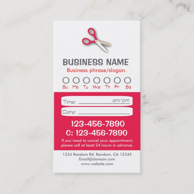 Custom red white hair appointment cards (Front)
