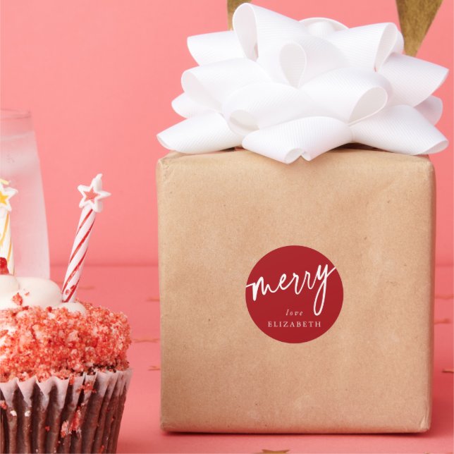 Custom Red + White 'Merry' Christmas/Holiday Classic Round Sticker (Party)