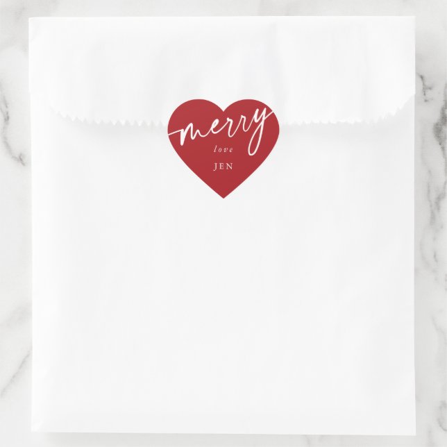 Custom Red + White 'Merry' Christmas/Holiday Heart Sticker (Bag)
