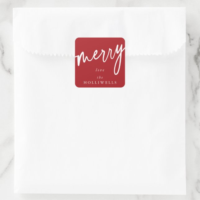 Custom Red + White 'Merry' Christmas/Holiday Square Sticker (Bag)