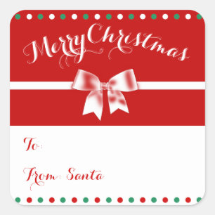 Custom Red White Square Christmas Gift Tags Bow