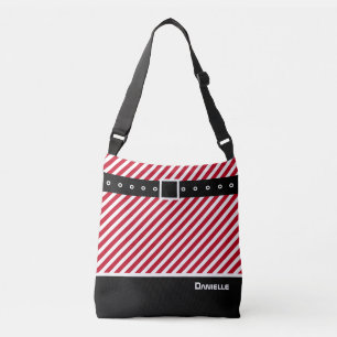 Custom Red White Stripes Candy Cane, Black & Belt Crossbody Bag