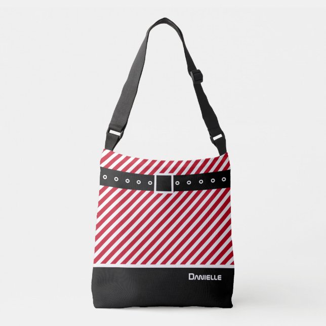 Custom Red White Stripes Candy Cane, Black & Belt Crossbody Bag (Front)