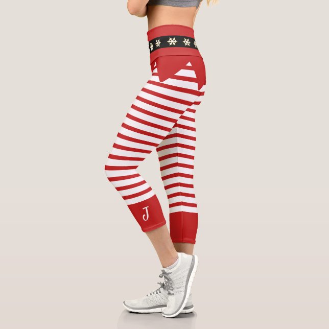 Custom Red White Stripes Candy Cane Santa Elf Capri Leggings (Left)
