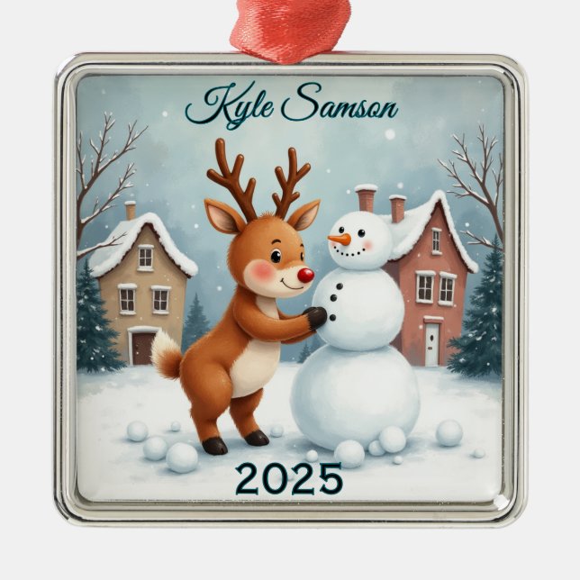 Custom Reindeer And Snowman  Metal Tree Decoration (Front)