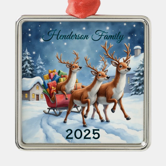 Custom Reindeer Family Of Three Metal Tree Decoration (Front)