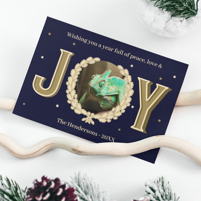 Custom Reptile Pet Photo Blue Gold Joy Christmas Holiday Card (Custom Reptile Pet Photo Blue Gold Joy Christmas Holiday Card
)