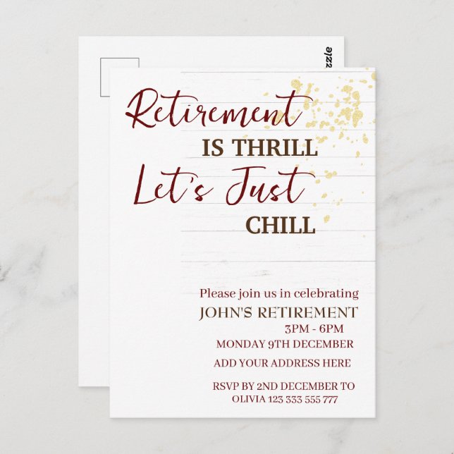 Custom Retirement Is Thrill Let's Just Chill Funny Postcard (Front/Back)