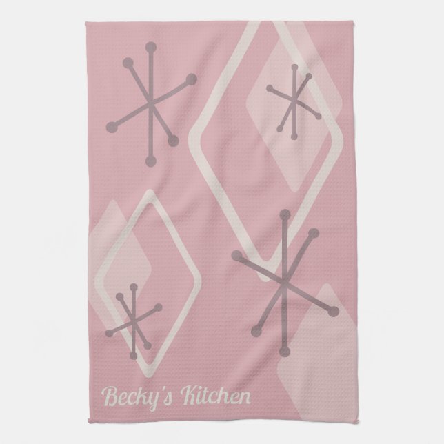 Custom Retro Atomic Diamonds Pink Tea Towel (Vertical)