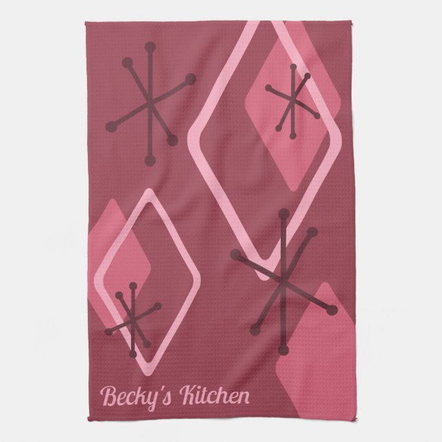 Custom Retro Atomic Diamonds Red Tea Towel (Vertical)