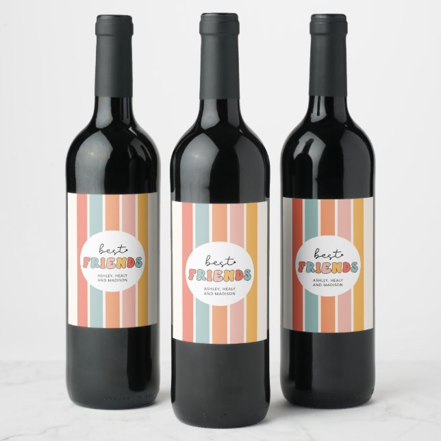 Custom Retro Best Friends BFFs Cute Besties Gifts Wine Label (Bottles)