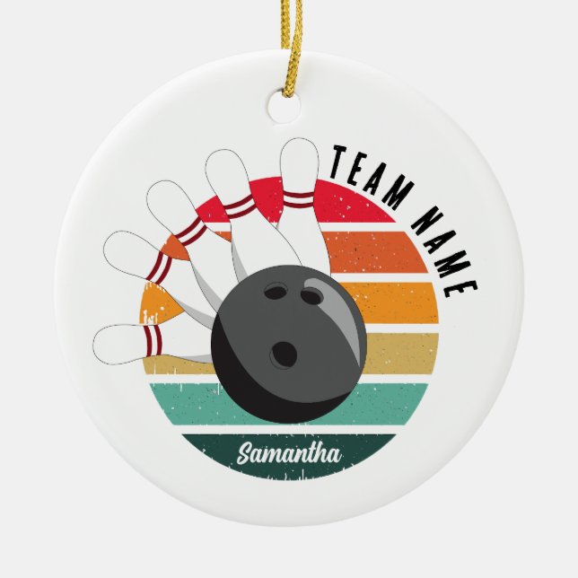 Custom Retro Bowling Pins Team & Player Name  Ceramic Tree Decoration (Front)