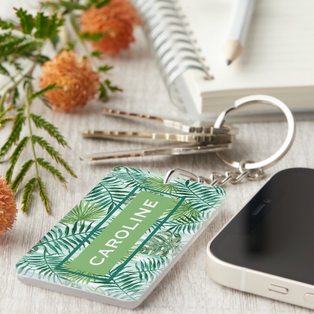 Custom Retro Chic Tropical Green Palmtree Pattern Key Ring (Front Right)