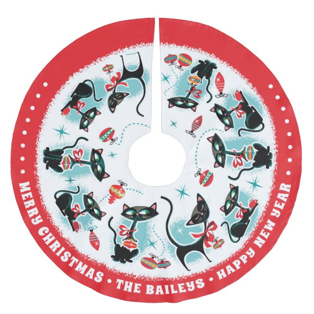 Custom Retro Christmas Cats Brushed Polyester Tree Skirt (Front)