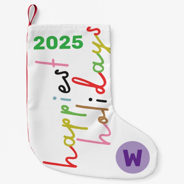 custom retro colourful happiest holidays small christmas stocking (Front)
