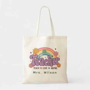 Custom Retro Daisy Teacher Rainbow Name Teacher Tote Bag