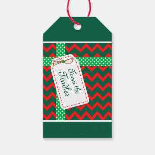 Custom Retro Faux Velvet Red Zig Zag Green Ribbon Gift Tags