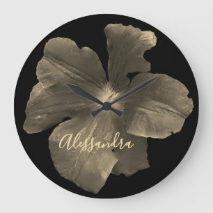 Custom Retro Floral Black Gold Watercolor Flower Large Clock
