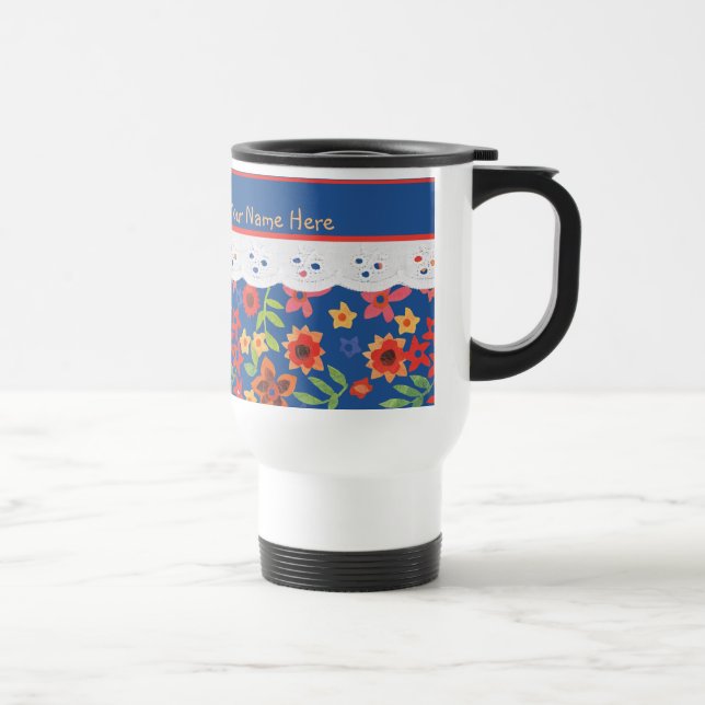 Custom Retro Floral, Faux Lace Travel Mug (Right)