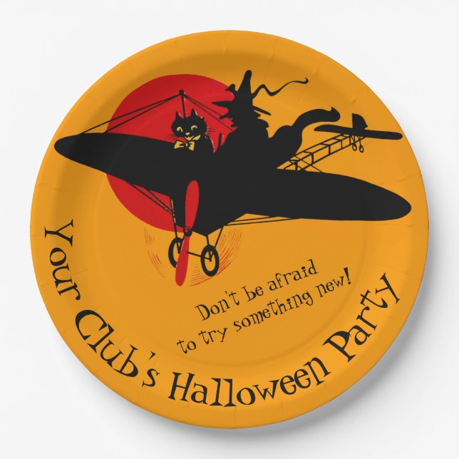 Custom Retro Flying Witch Halloween Paper Plates (Front)