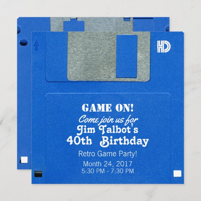 Custom Retro Game Birthday Invite Floppy Disc 3.5 (Front/Back)