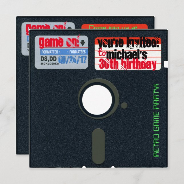 Custom Retro Game Birthday Invite Floppy Disc 5.25 (Front/Back)