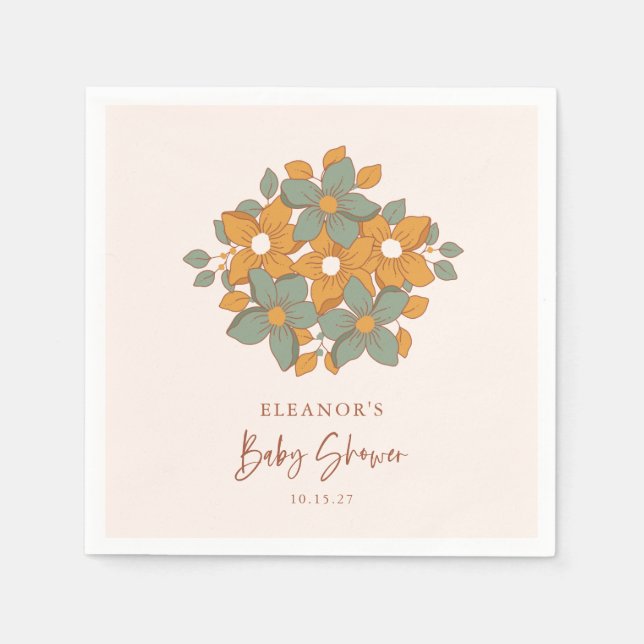 Custom Retro Gold Floral Minimalist Baby Shower Napkin (Front)