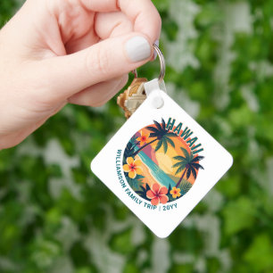 Custom Retro Hawaii Tropical Vacation Family Trip Key Ring