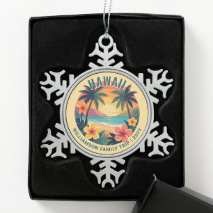 Custom Retro Hawaii Tropical Vacation Family Trip Snowflake Pewter Christmas Ornament