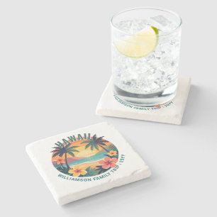 Custom Retro Hawaii Tropical Vacation Family Trip Stone Coaster