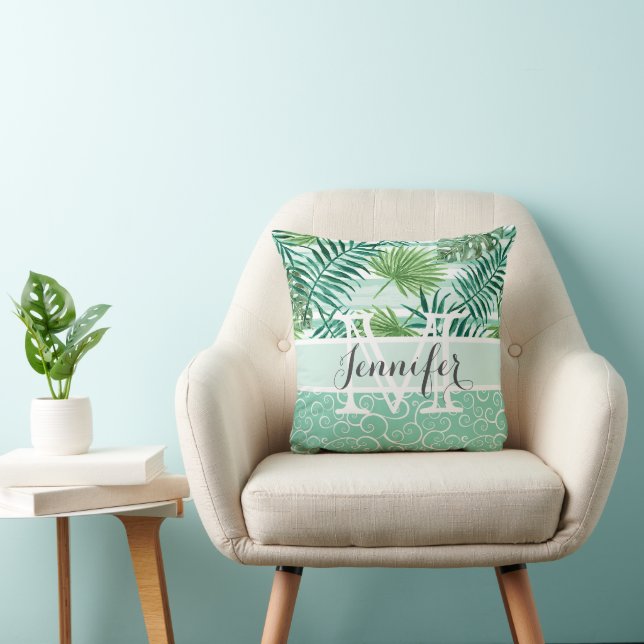 Custom Retro Hip Tropical Green Palm Leafs Pattern Cushion (Chair)