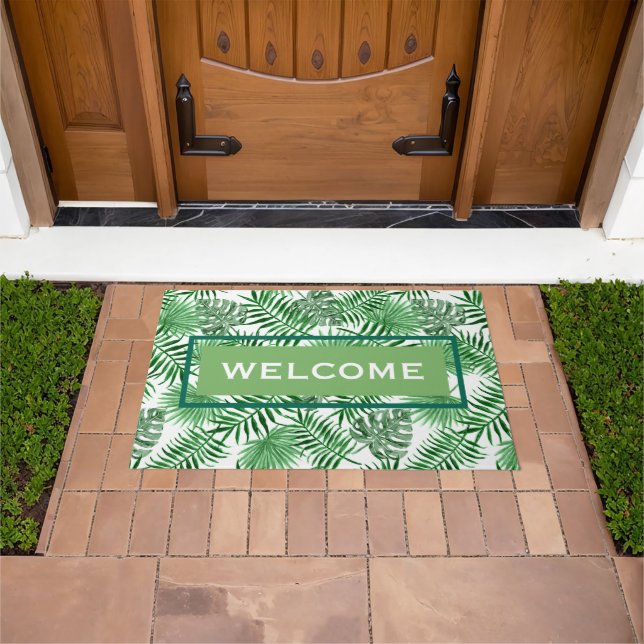Custom Retro Hip Tropical Green Palm Leafs Pattern Doormat (Outdoor)