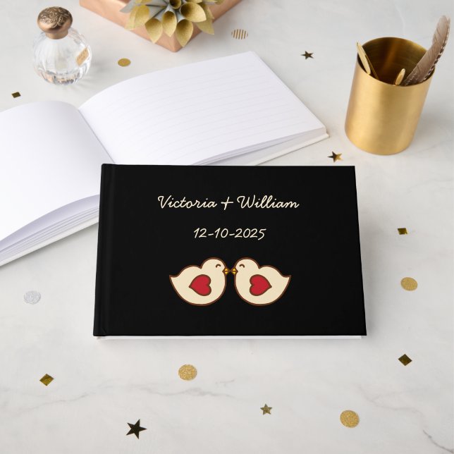 Custom Retro Love Birds Wedding Guest Book (Front Open)