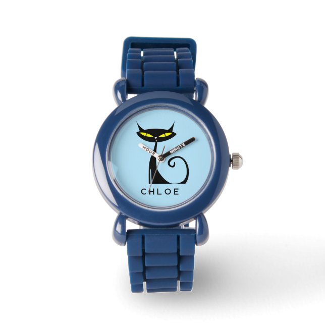 Custom Retro Mid Century Modern Atomic Black Cat Watch (Front)