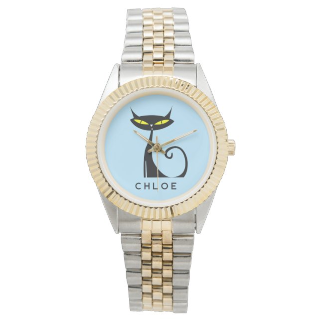 Custom Retro Mid Century Modern Atomic Black Cat Watch (Front)