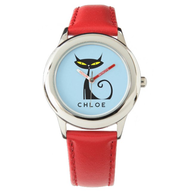 Custom Retro Mid Century Modern Atomic Black Cat Watch (Front)