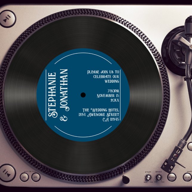 Custom Retro Navy Faux Vinyl Record Wedding Invitation (Creator Uploaded)