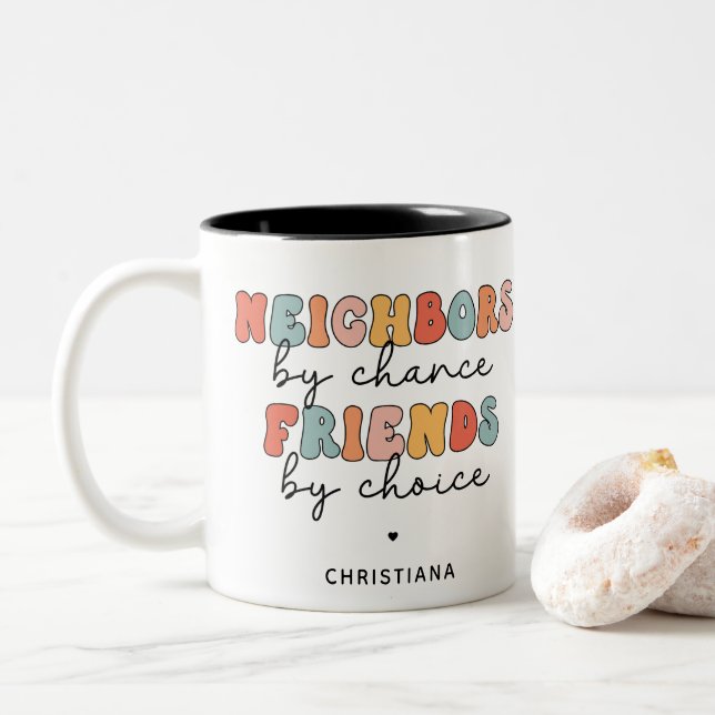 Custom Retro Neighbours by Chance Friends by Choic Two-Tone Coffee Mug (With Donut)