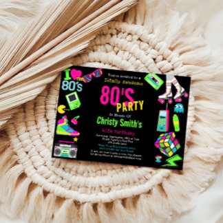Custom Retro Neon 80's Birthday Party Invitation