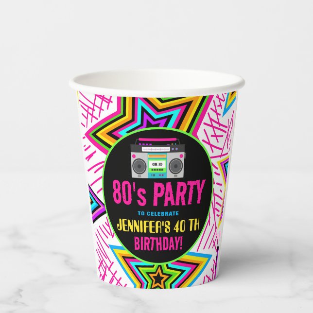 Custom Retro Neon 80's Birthday Party Paper Cups (Back)