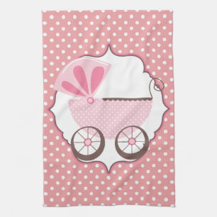 Custom Retro Pink Carriage Baby Shower Tea Towel