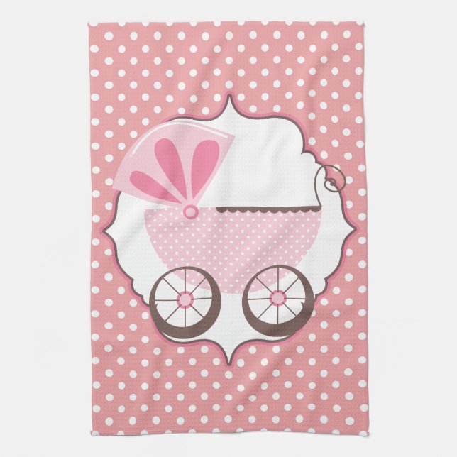 Custom Retro Pink Carriage Baby Shower Tea Towel (Vertical)