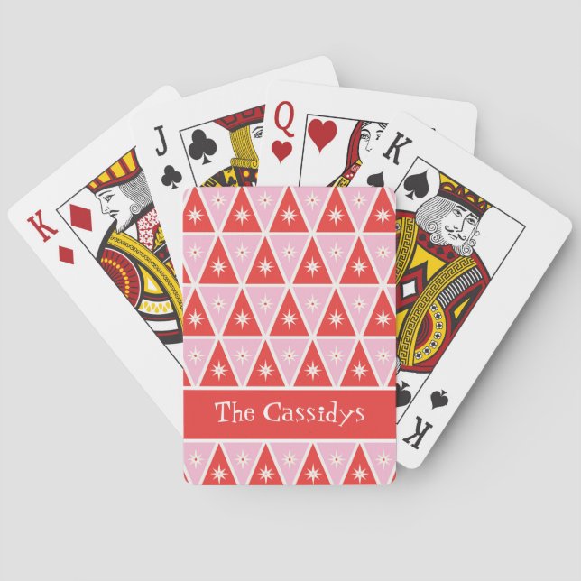 Custom Retro Pink & Red Christmas Geometric Playing Cards (Back)