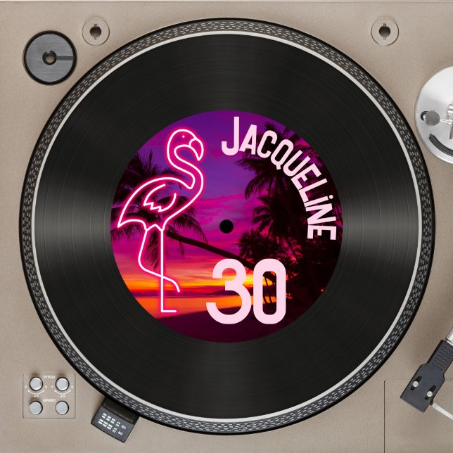 Custom Retro Record Neon Flamingo 30th Birthday Invitation (Creator Uploaded)